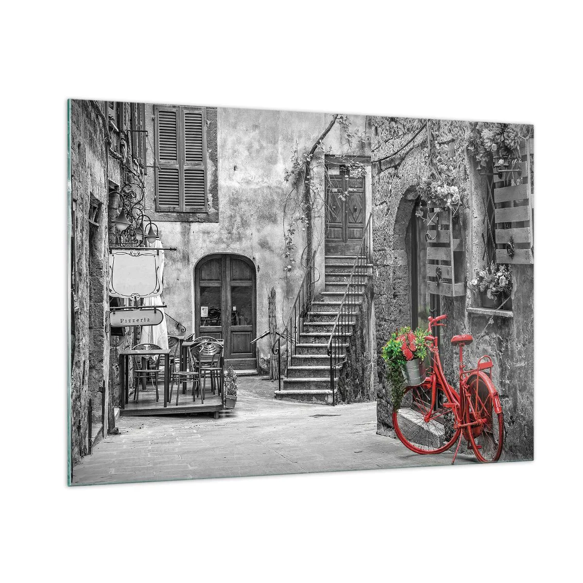 Impression sur verre - Image sur verre - Rue en noir et blanc avec un vélo rouge - 100x70cm - Ruelle toscane - Décoration murale moderne pour le salon et la chambre ARTTOR