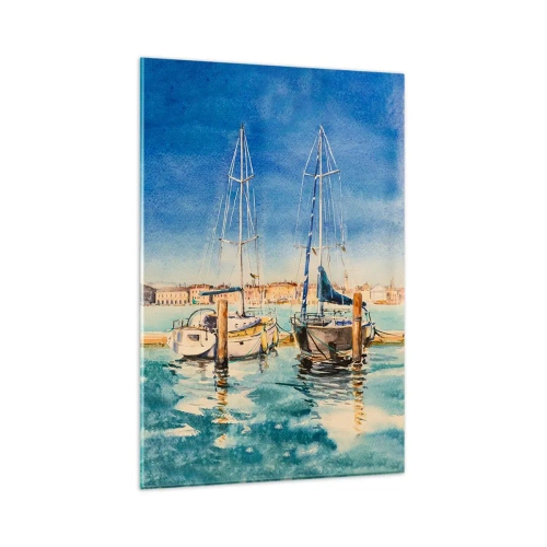 Impression sur verre - Image sur verre - Marina avec bateaux sur fond de lagon bleu - 80x120cm - Lagune ensoleillée - Décoration murale moderne pour le salon et la chambre ARTTOR