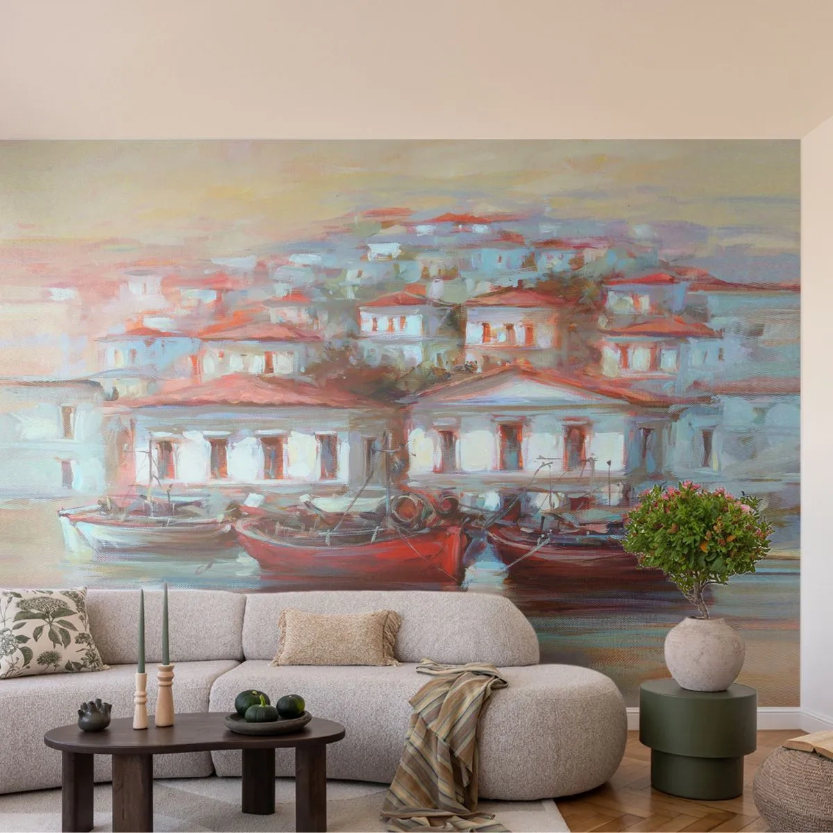 Papier Peint Photo Premium Canvas - Petite ville heureuse - Architecture, Voilier, port - 200x140 cm