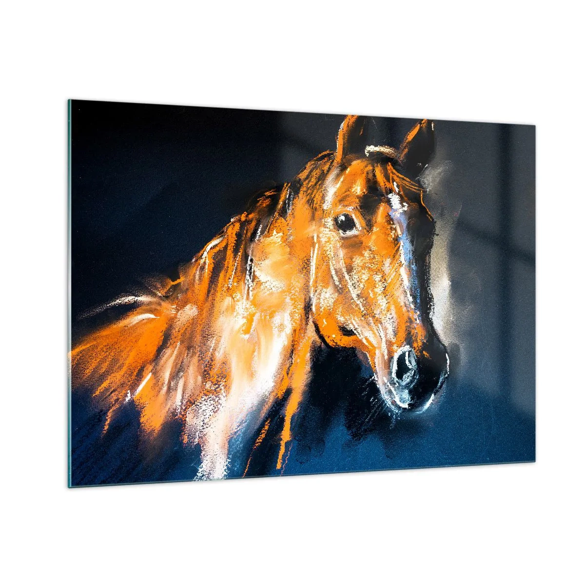 Impression sur verre - Image sur verre - Portrait d'un cheval aux nuances intenses de brun sur fond sombre - 100x70cm - Et alors, tu y vas ? - Décoration murale moderne pour le salon et la chambre ARTTOR