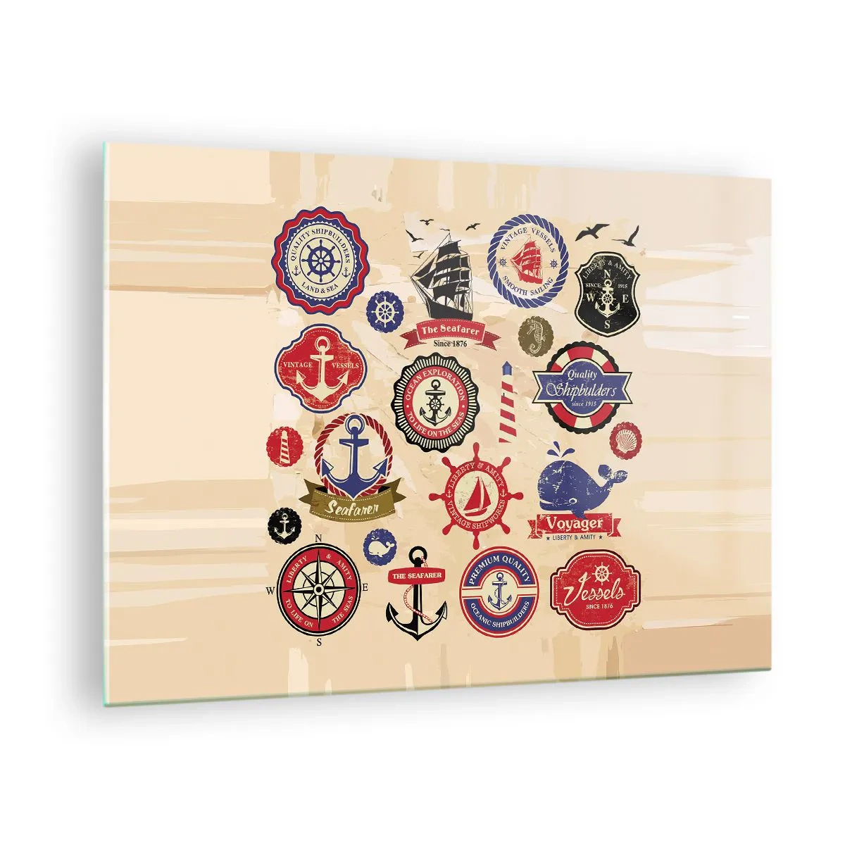Impression sur verre - Image sur verre - Emblèmes et symboles nautiques sur fond beige - 70x50cm - La fraternité de la voile - Décoration murale moderne pour le salon et la chambre ARTTOR