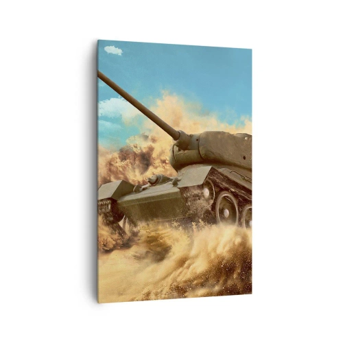 Impression sur toile - Image sur toile - Un char en action dans le désert, entouré de poussière de sable. - 80x120cm - Insurmontable - Décoration murale moderne pour le salon et la chambre ARTTOR