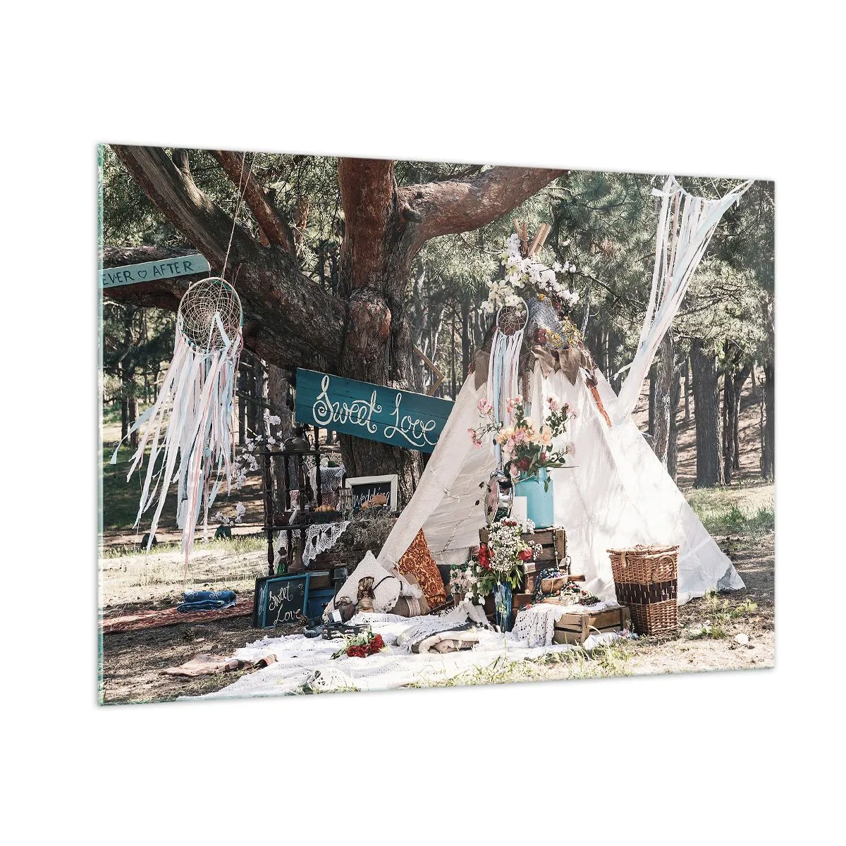 Impression sur verre - Image sur verre - Décoration extérieure bohème avec un tipi et des fleurs dans la forêt - 100x70cm - Make love… - Décoration murale moderne pour le salon et la chambre ARTTOR