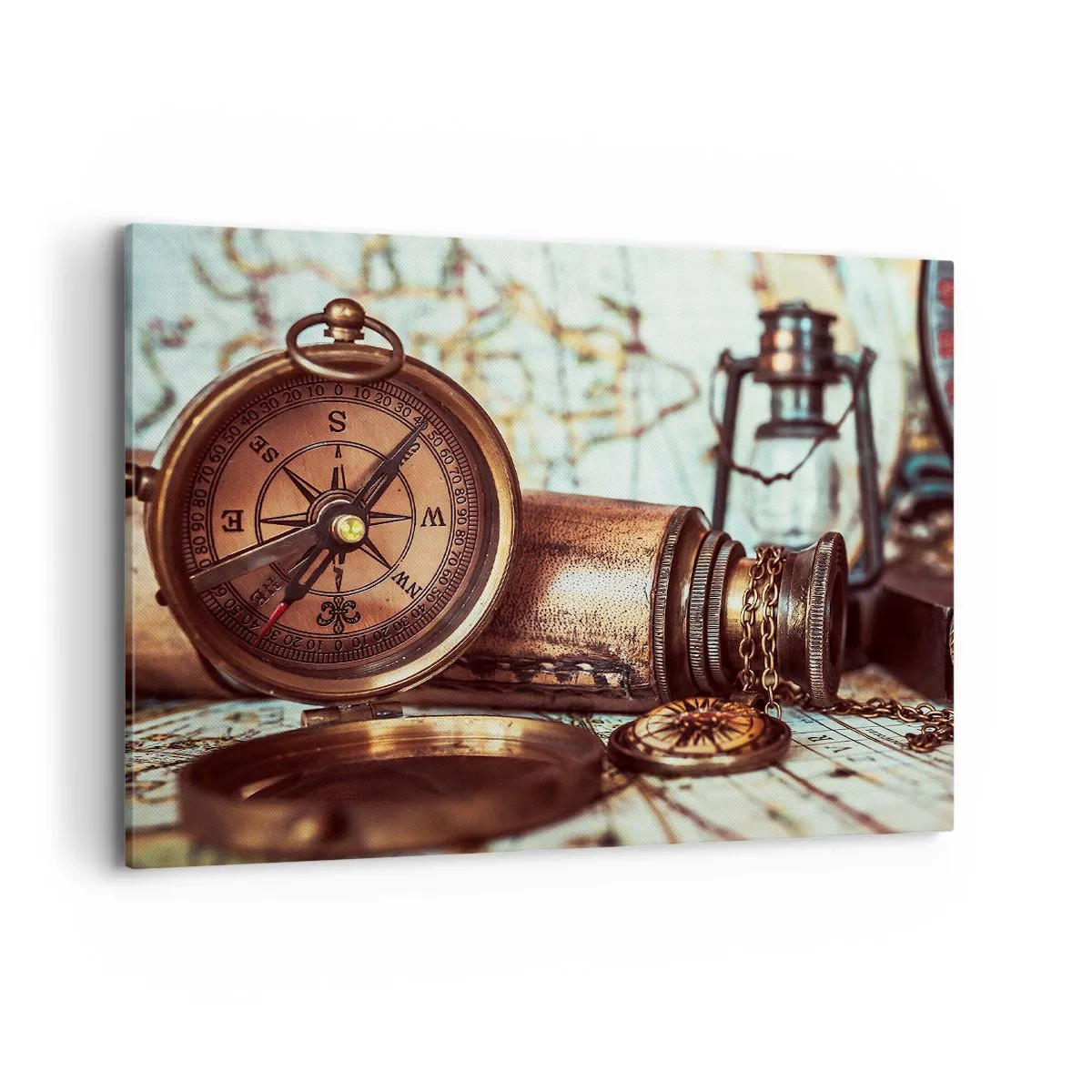 Impression sur toile - Image sur toile - Un ensemble rétro avec une boussole, un télescope et une carte sur le thème du voyage - 100x70cm - Une aventure de pirates dans les Caraïbes vous attend - Décoration murale moderne pour le salon et la chambre ARTTO