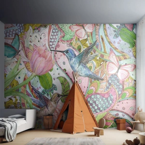 Papier Peint Autocollant Deluxe Sticker - Empêtré dans les vignes - Fleurs, Oiseau, Papillon - 250x175 cm