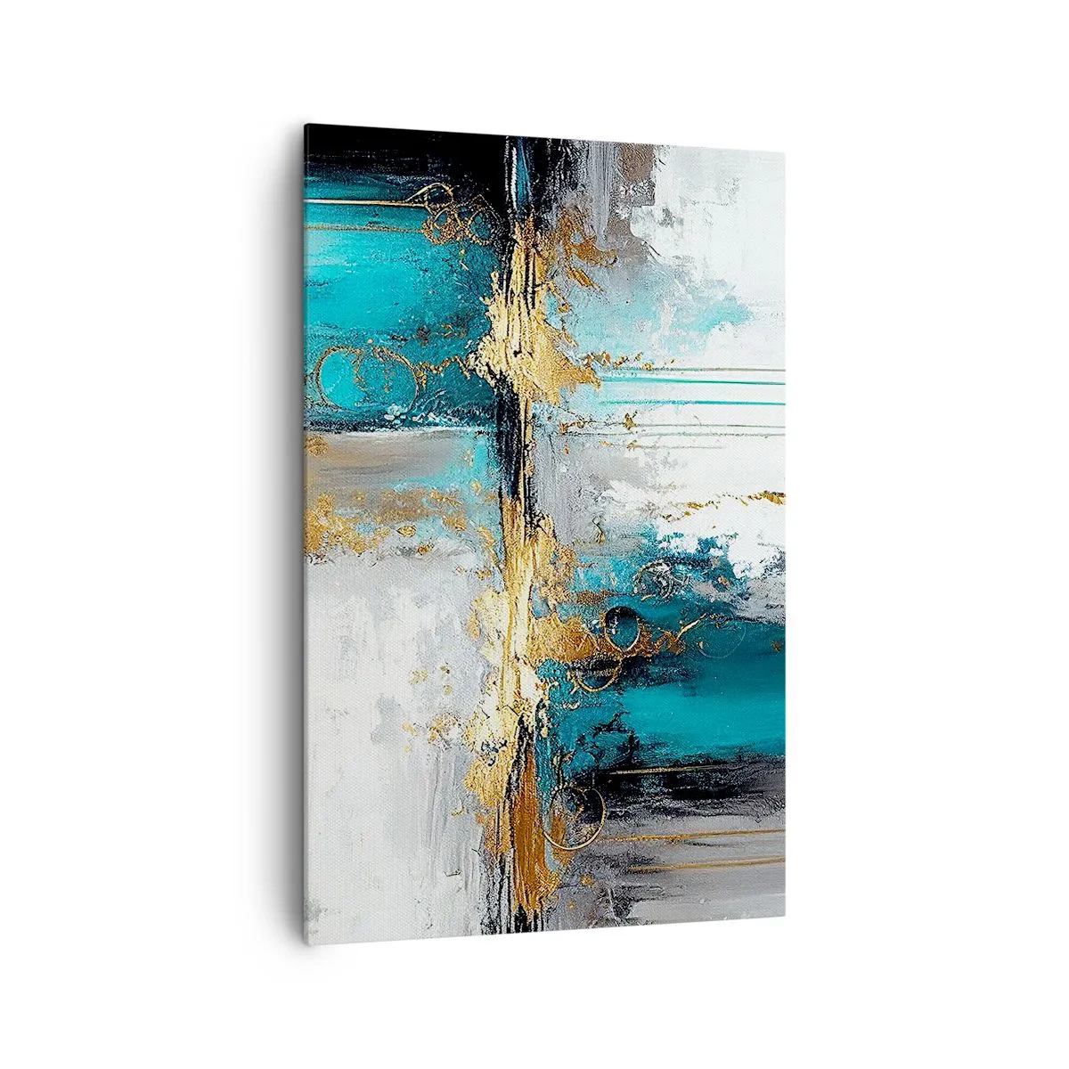 Impression sur toile - Image sur toile - Une composition abstraite aux accents turquoise et dorés. - 80x120cm - Tout coule - Décoration murale moderne pour le salon et la chambre ARTTOR