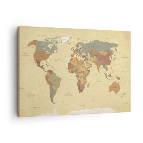 Impression sur toile - Image sur toile - Une carte du monde stylisée dans des tons de beige et de couleurs pastel. - 70x50cm - Pour vous - le monde entier - Décoration murale moderne pour le salon et la chambre ARTTOR