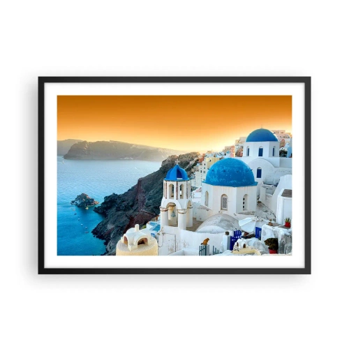 Affiche dans un cadre noir - Poster - Vue de Santorin avec des bâtiments blancs et une mer bleue - 70x50cm - Santorin - blotti contre les rochers - Décoration murale moderne pour le salon et la chambre ARTTOR
