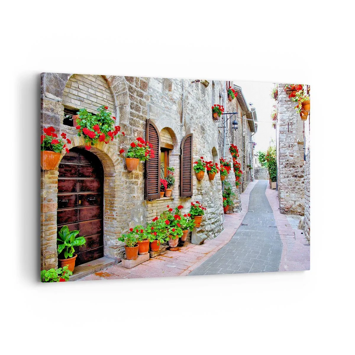 Impression sur toile - Image sur toile - Une rue étroite avec des bâtiments en pierre décorés de pots de fleurs - 120x80cm - Ambiance italienne - Décoration murale moderne pour le salon et la chambre ARTTOR