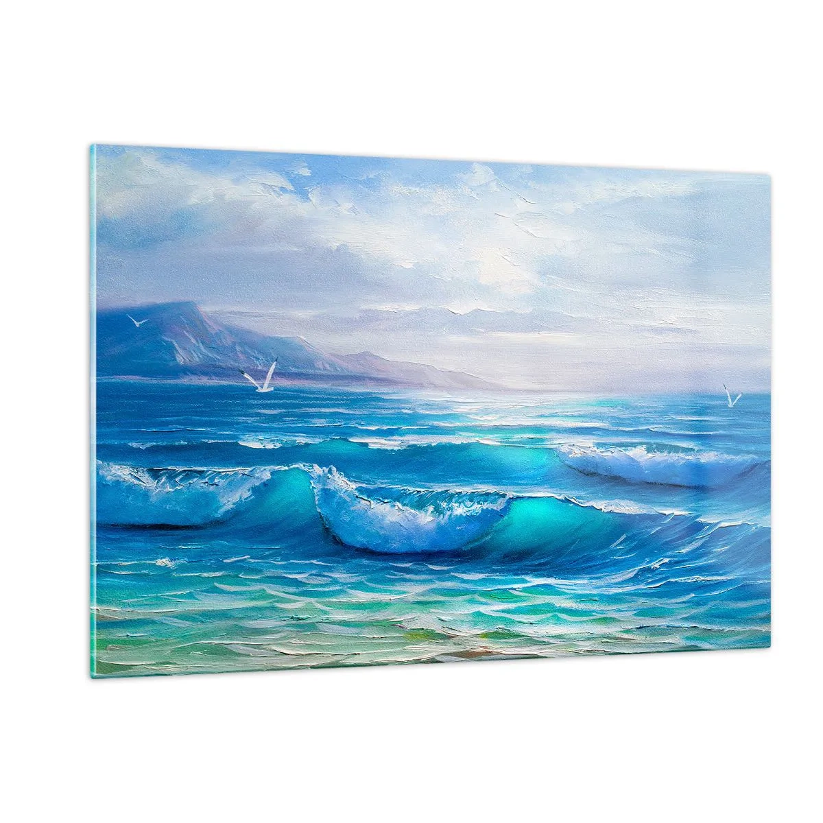 Impression sur verre - Image sur verre - Les vagues bleues de la mer lèchent le rivage par une journée ensoleillée - 120x80cm - Il apporte un soulagement - Décoration murale moderne pour le salon et la chambre ARTTOR