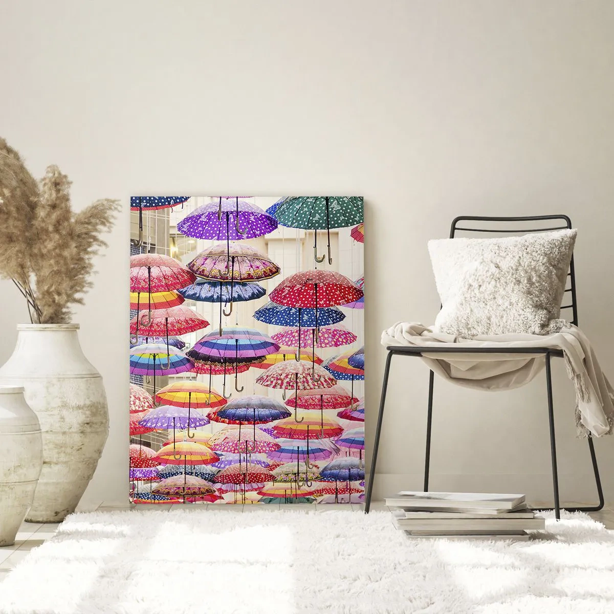 Impression sur verre - Image sur verre - Parapluies colorés suspendus dans les airs - 80x120cm - Prairie de la ville - Décoration murale moderne pour le salon et la chambre ARTTOR