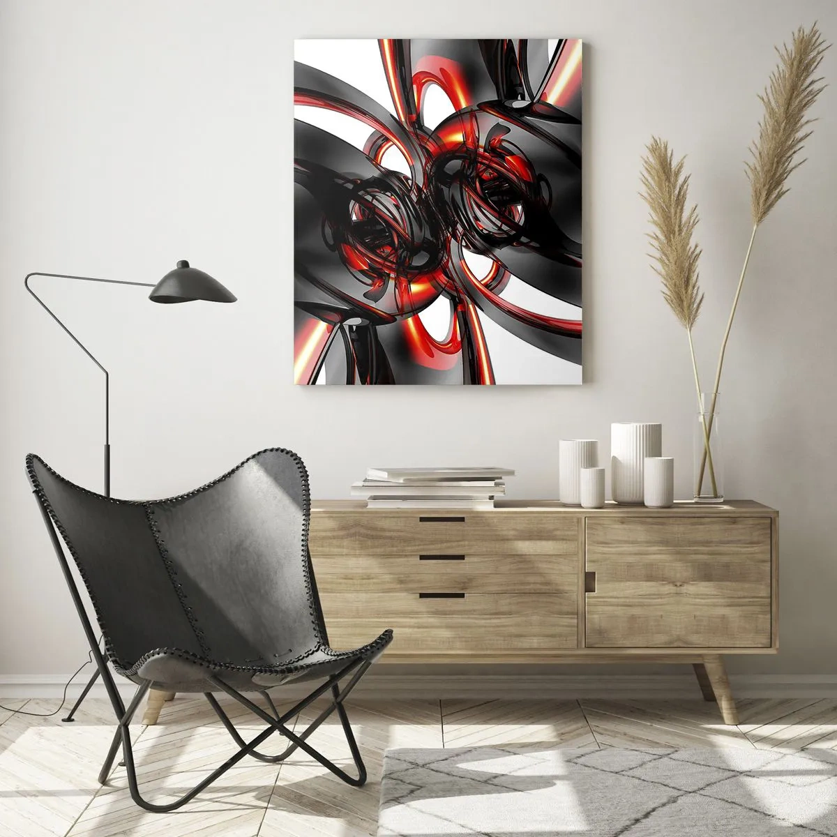 Impression sur verre - Image sur verre - Abstraction moderne en noir et rouge - 50x70cm - Mouvement de graphite et rouge - Décoration murale moderne pour le salon et la chambre ARTTOR