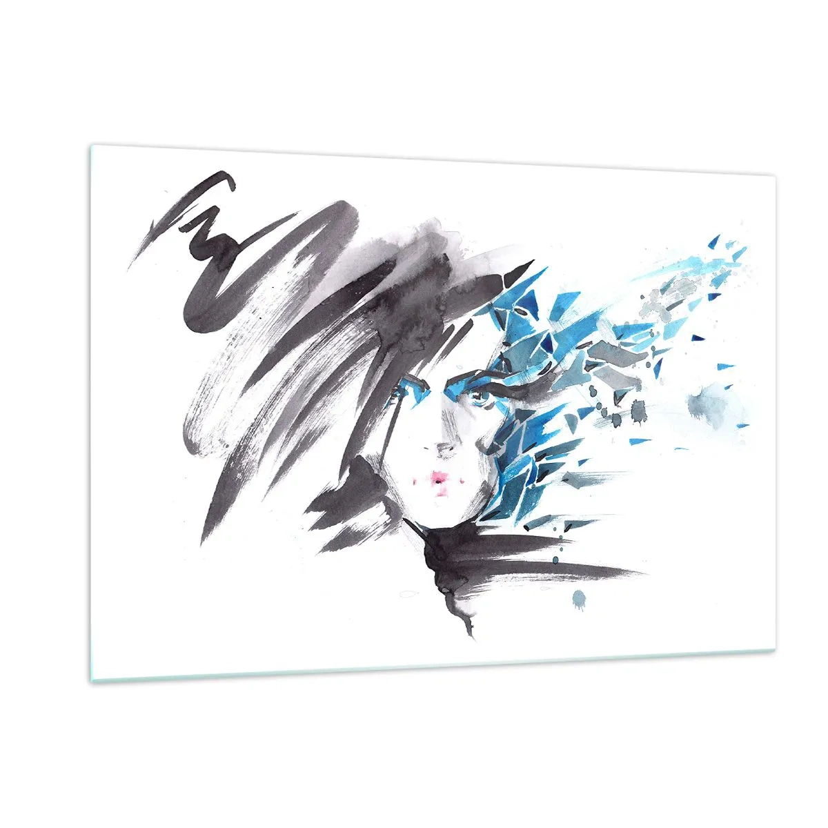 Impression sur verre - Image sur verre - Portrait d'une femme aux accents bleus abstraits - 120x80cm - Portrait sensuel en gris et bleu - Décoration murale moderne pour le salon et la chambre ARTTOR