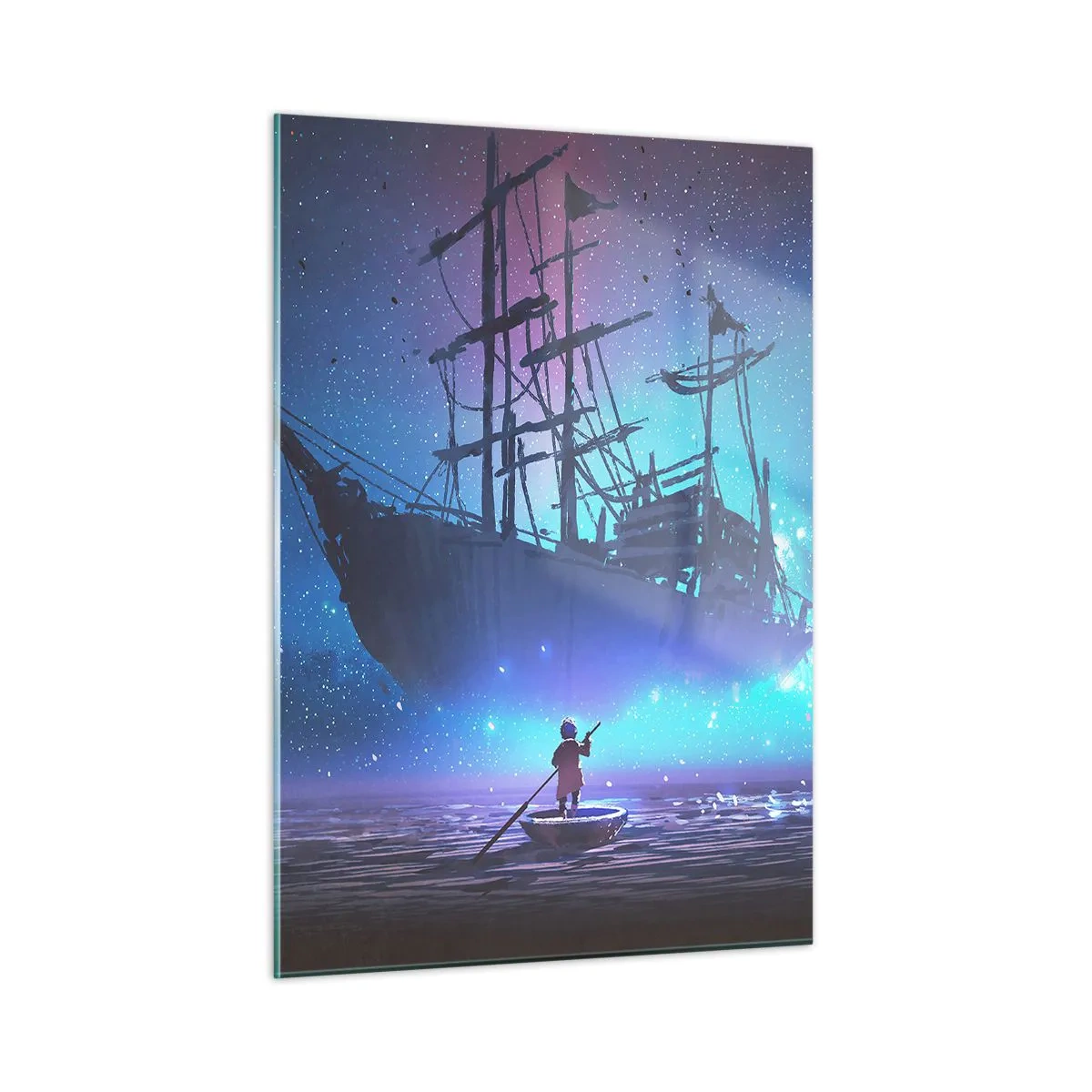 Impression sur verre - Image sur verre - Un navire de nuit flottant au-dessus de l'eau dans une aura magique - 50x70cm - A la rencontre du mythe de la mer - Décoration murale moderne pour le salon et la chambre ARTTOR