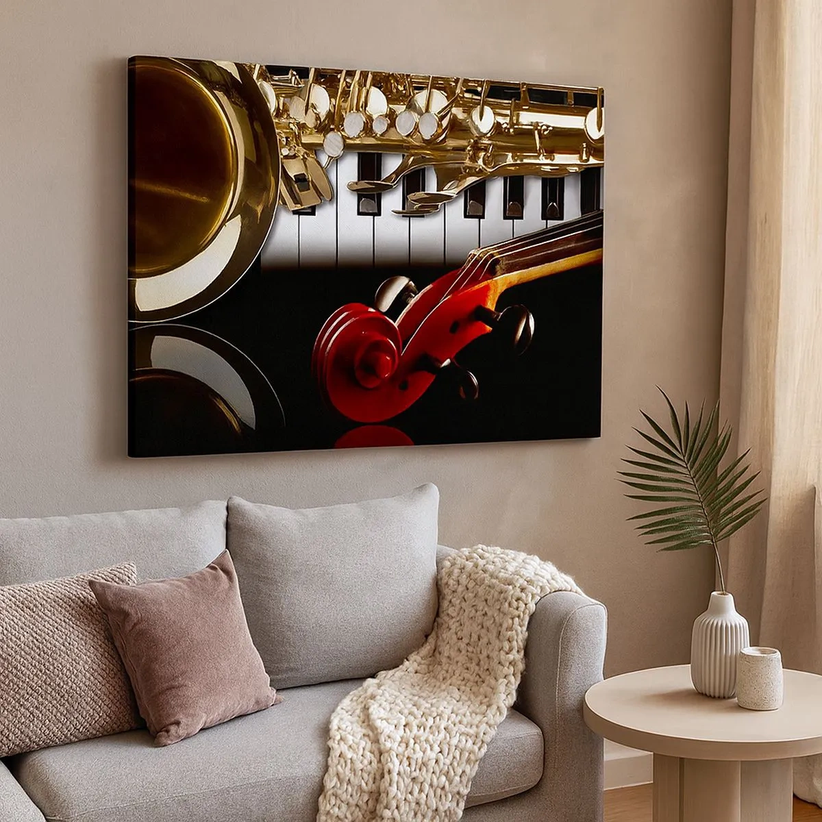 Impression sur toile - Image sur toile - Un saxophone doré, des touches de piano et un violon rouge - 70x50cm - Tôle, bois et ivoire - Décoration murale moderne pour le salon et la chambre ARTTOR