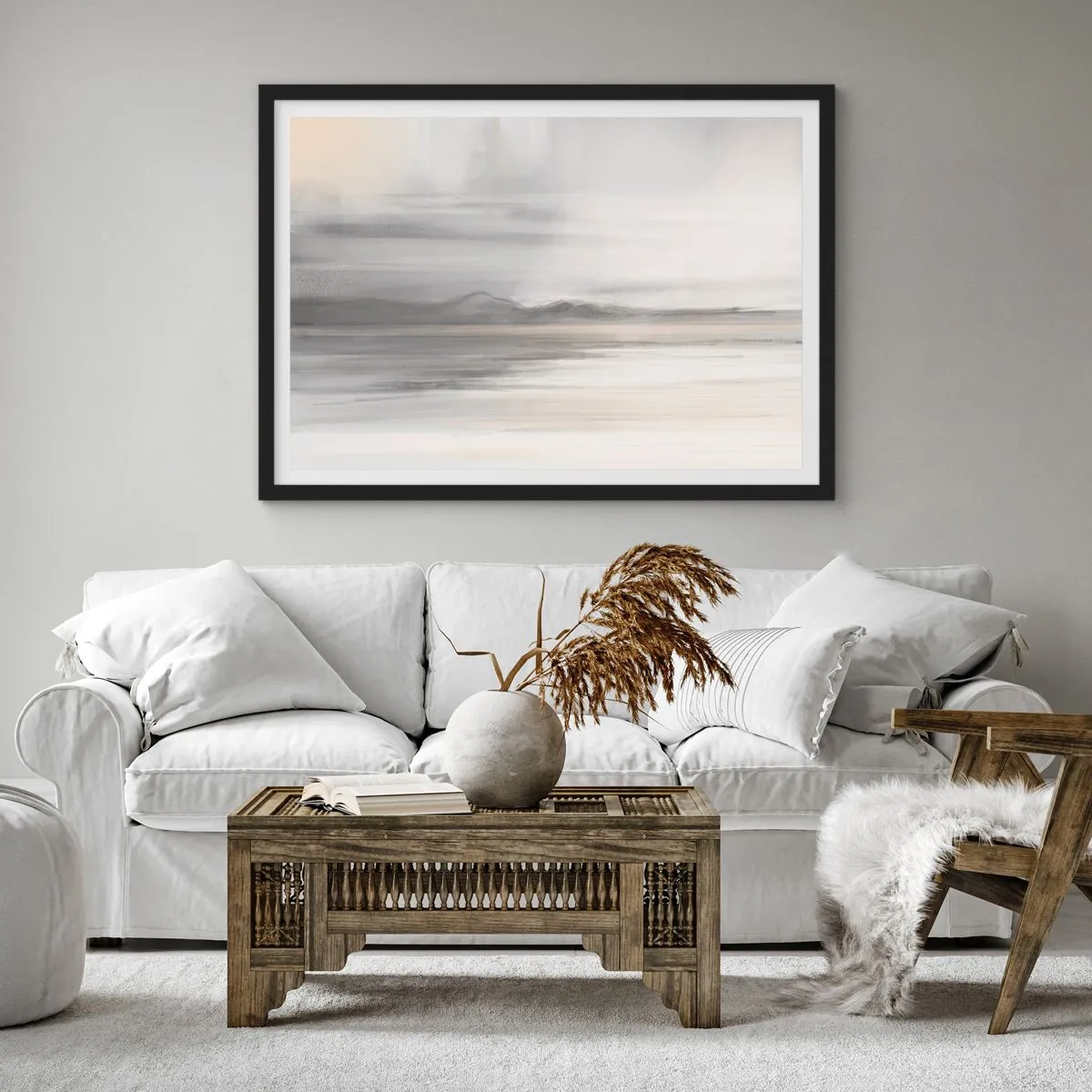 Affiche dans un cadre noir - Poster - Un paysage subtil aux tons gris et beige - 70x50cm - Distance réfléchie - Décoration murale moderne pour le salon et la chambre ARTTOR