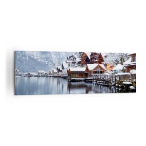 Impression sur toile - Image sur toile - Vue hivernale d'un village de montagne au bord du lac - 160x50cm - En décoration hivernale - Décoration murale moderne pour le salon et la chambre ARTTOR