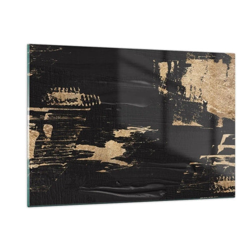 Impression sur verre - Image sur verre - Abstraction noire et dorée avec une texture semblable à un coup de pinceau - 120x80cm - Empreinte du toucher - Décoration murale moderne pour le salon et la chambre ARTTOR