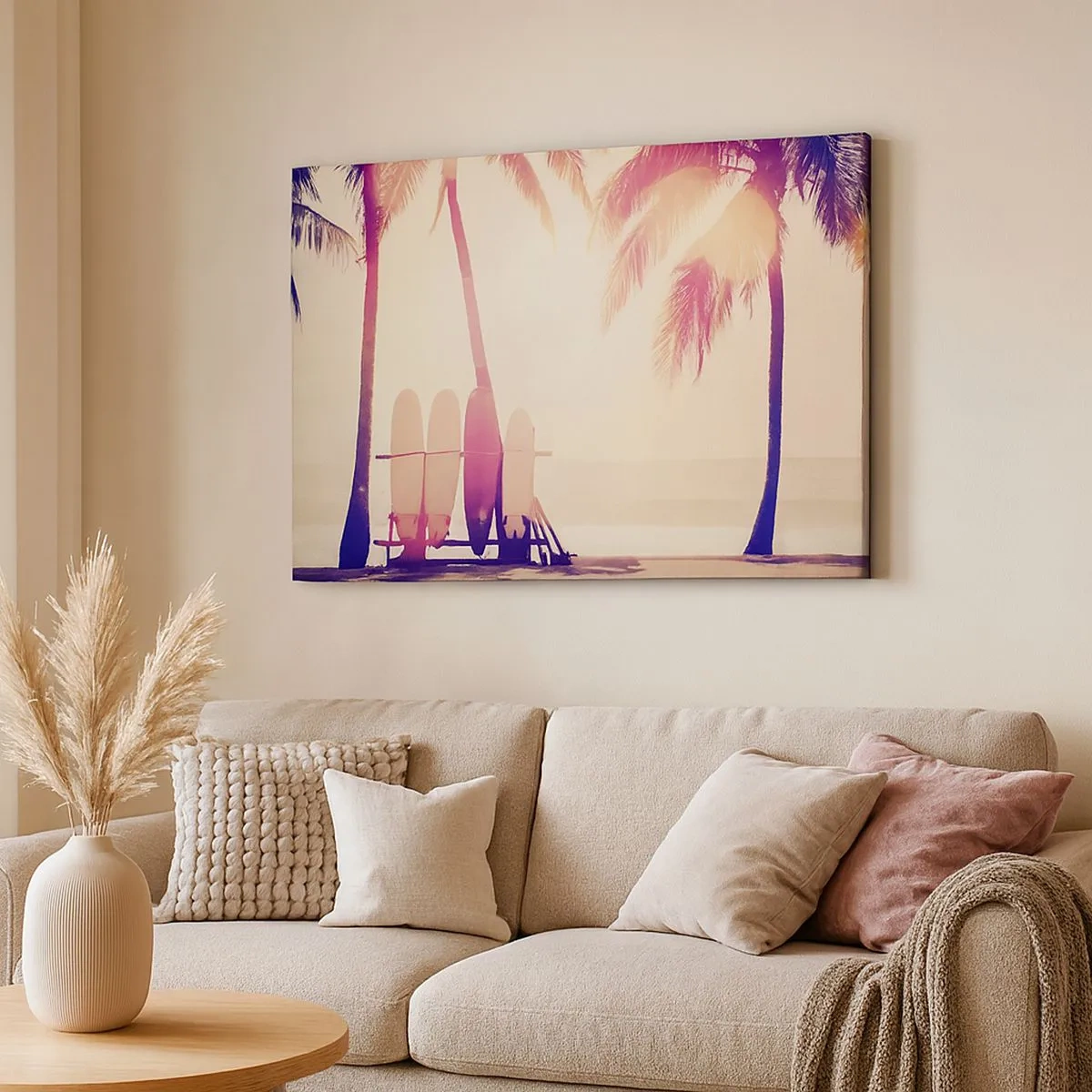 Impression sur toile - Image sur toile - Palmiers et planches de surf sur la plage au soleil - 70x50cm - Ca va être une journée magnifique - Décoration murale moderne pour le salon et la chambre ARTTOR