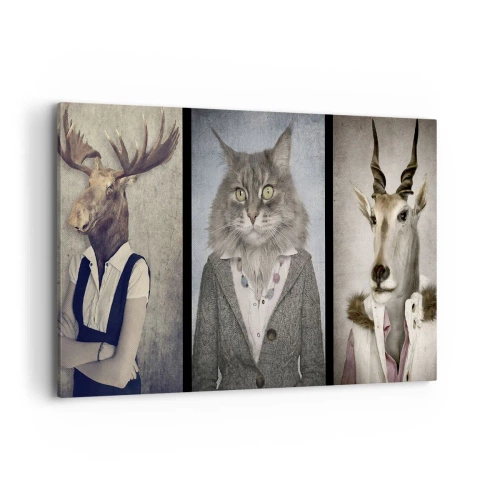Impression sur toile - Image sur toile - Un triptyque avec des figures animales en vêtements élégants sur un fond stylisé - 100x70cm - La fourrure revient à la mode - Décoration murale moderne pour le salon et la chambre ARTTOR