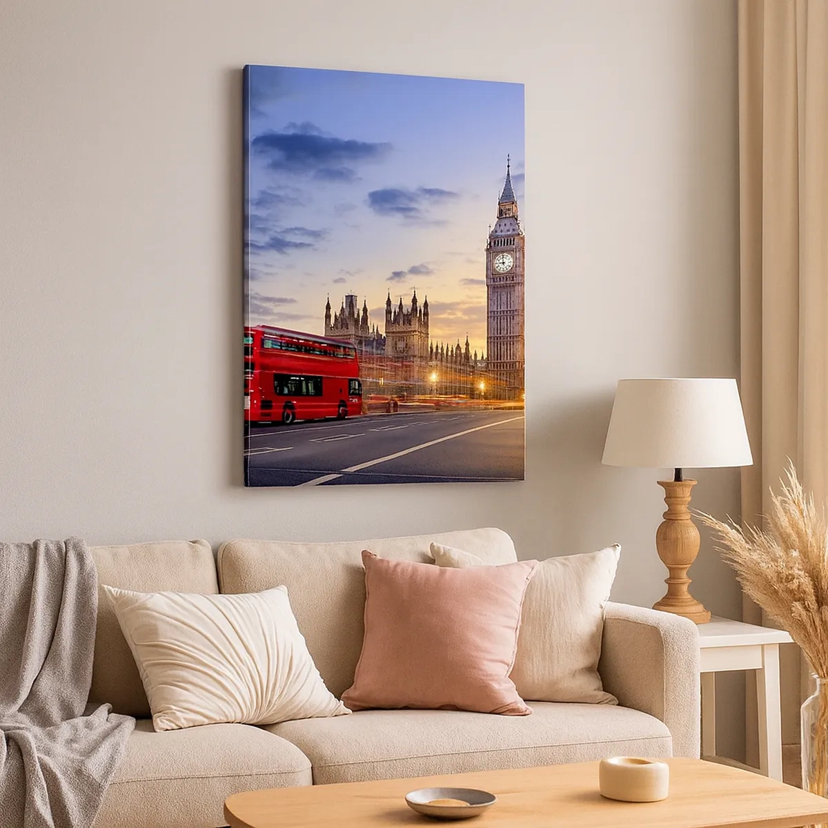 Impression sur toile - Image sur toile - Un bus rouge avec Big Ben et les Chambres du Parlement en arrière-plan au crépuscule. - 50x70cm - Caractères spéciaux - Décoration murale moderne pour le salon et la chambre ARTTOR