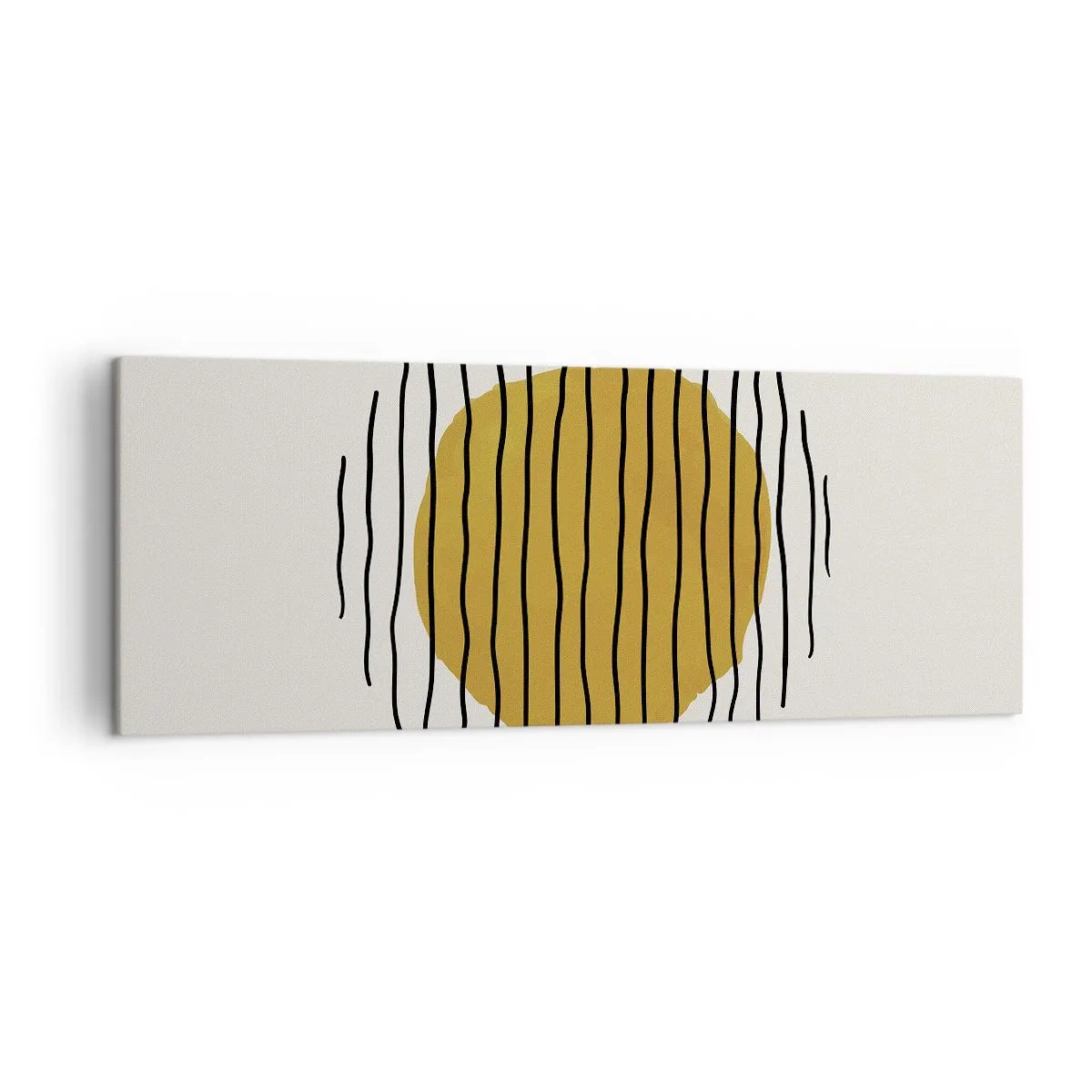Impression sur toile - Image sur toile - Un motif minimaliste avec un cercle jaune et des lignes noires. - 140x50cm - Abstraction tremblante de chaleur - Décoration murale moderne pour le salon et la chambre ARTTOR