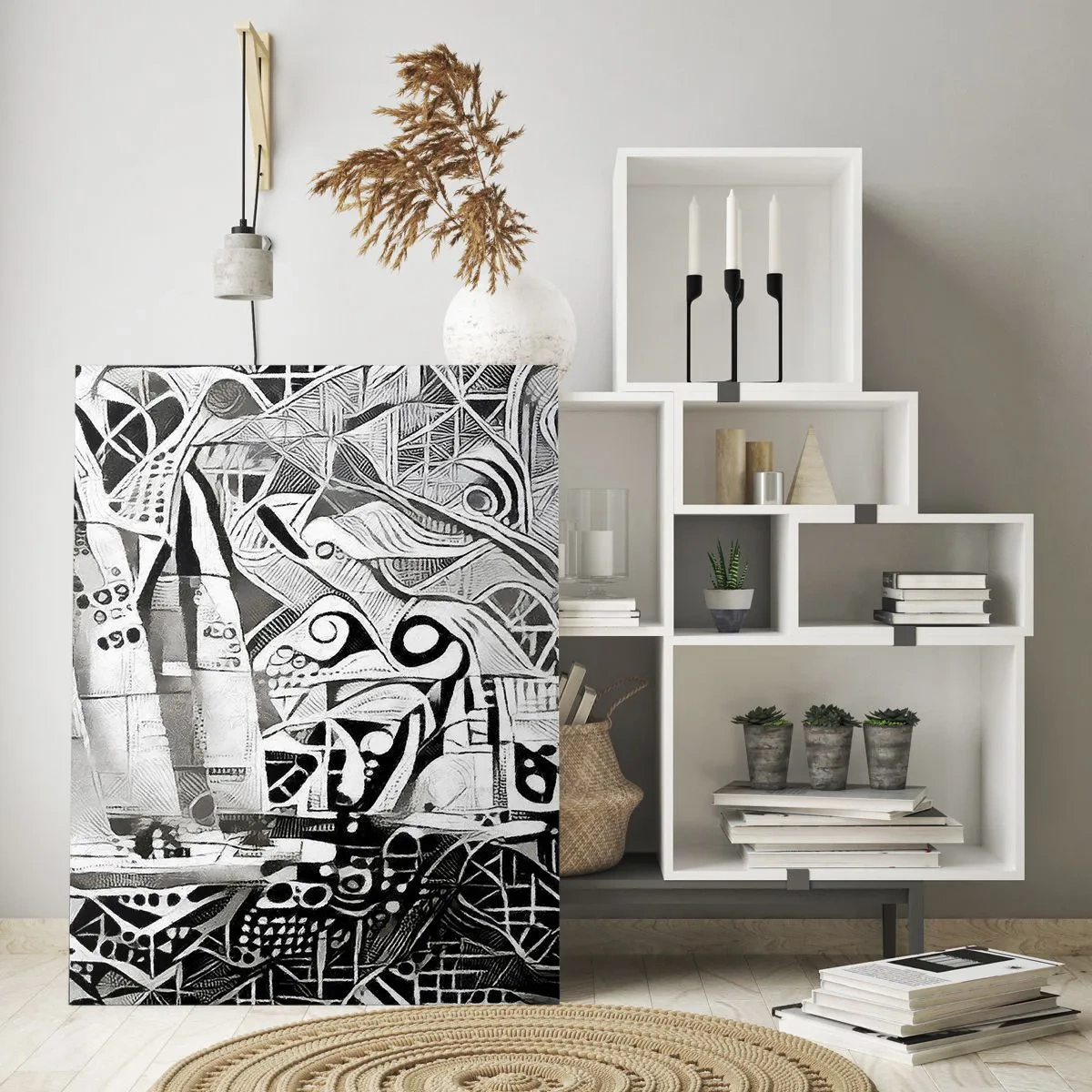 Impression sur verre - Image sur verre - Abstraction en noir et blanc avec voiliers et motifs géométriques - 50x70cm - Entre les vagues - Décoration murale moderne pour le salon et la chambre ARTTOR
