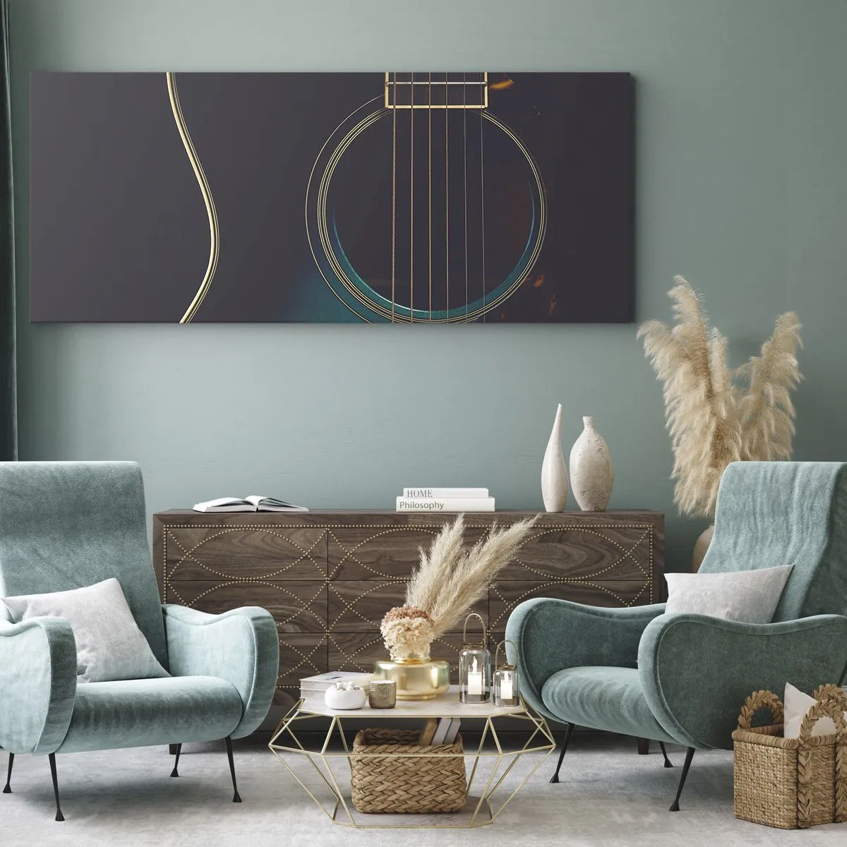 Impression sur toile - Image sur toile - Guitare acoustique dans une lumière sombre et élégante - 140x50cm - Le calme avant la tempête - Décoration murale moderne pour le salon et la chambre ARTTOR