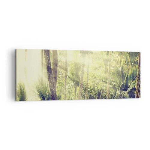 Impression sur toile - Image sur toile - Rayons de soleil dans une forêt tropicale de palmiers - 140x50cm - Nature enflammée - Décoration murale moderne pour le salon et la chambre ARTTOR