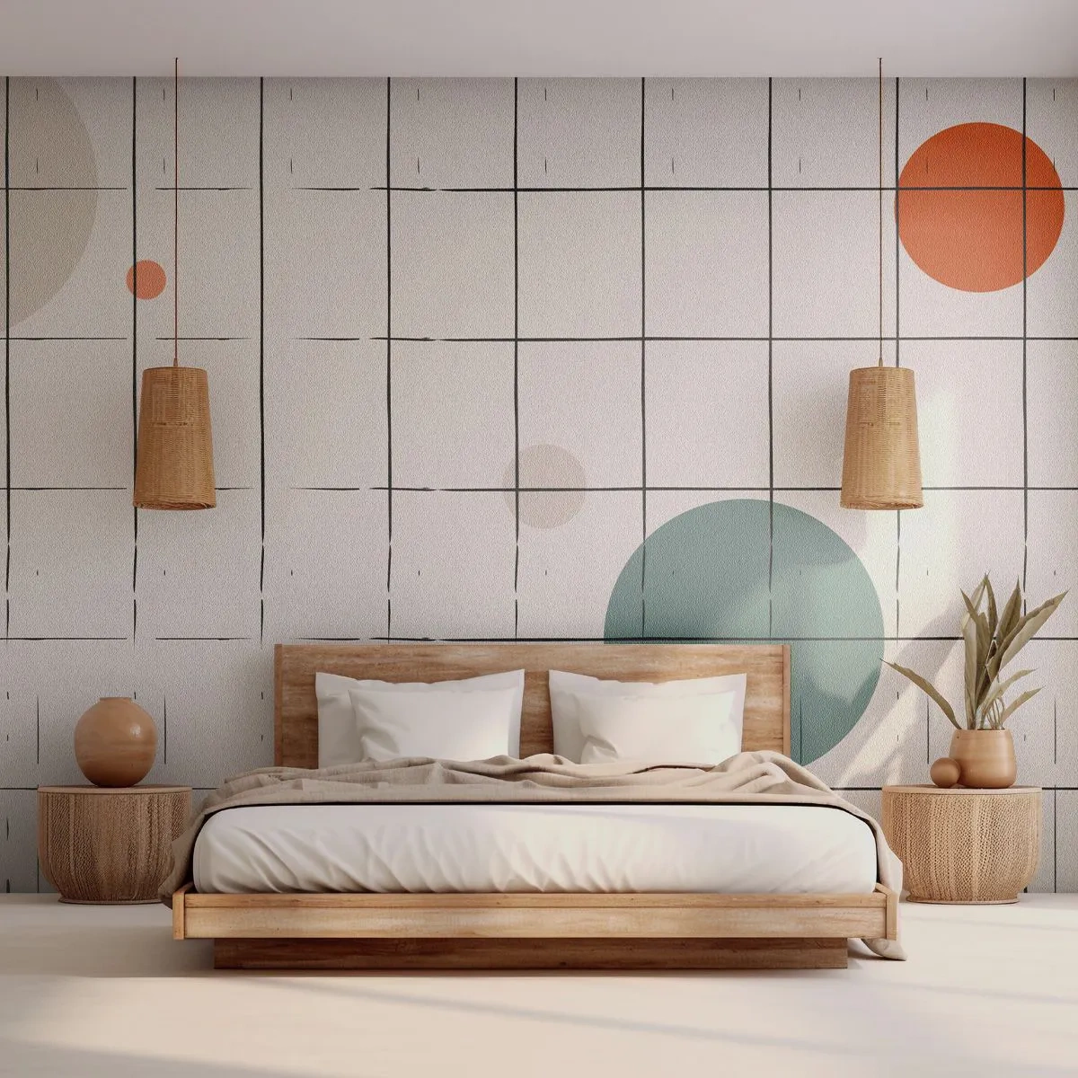 Papier Peint Photo Premium Canvas - Cercles colorés abstraits sur un fond de grille géométrique - 100x70cm - Piégé. Nous ou eux ? - Décoration murale moderne pour le salon et la chambre ARTTOR