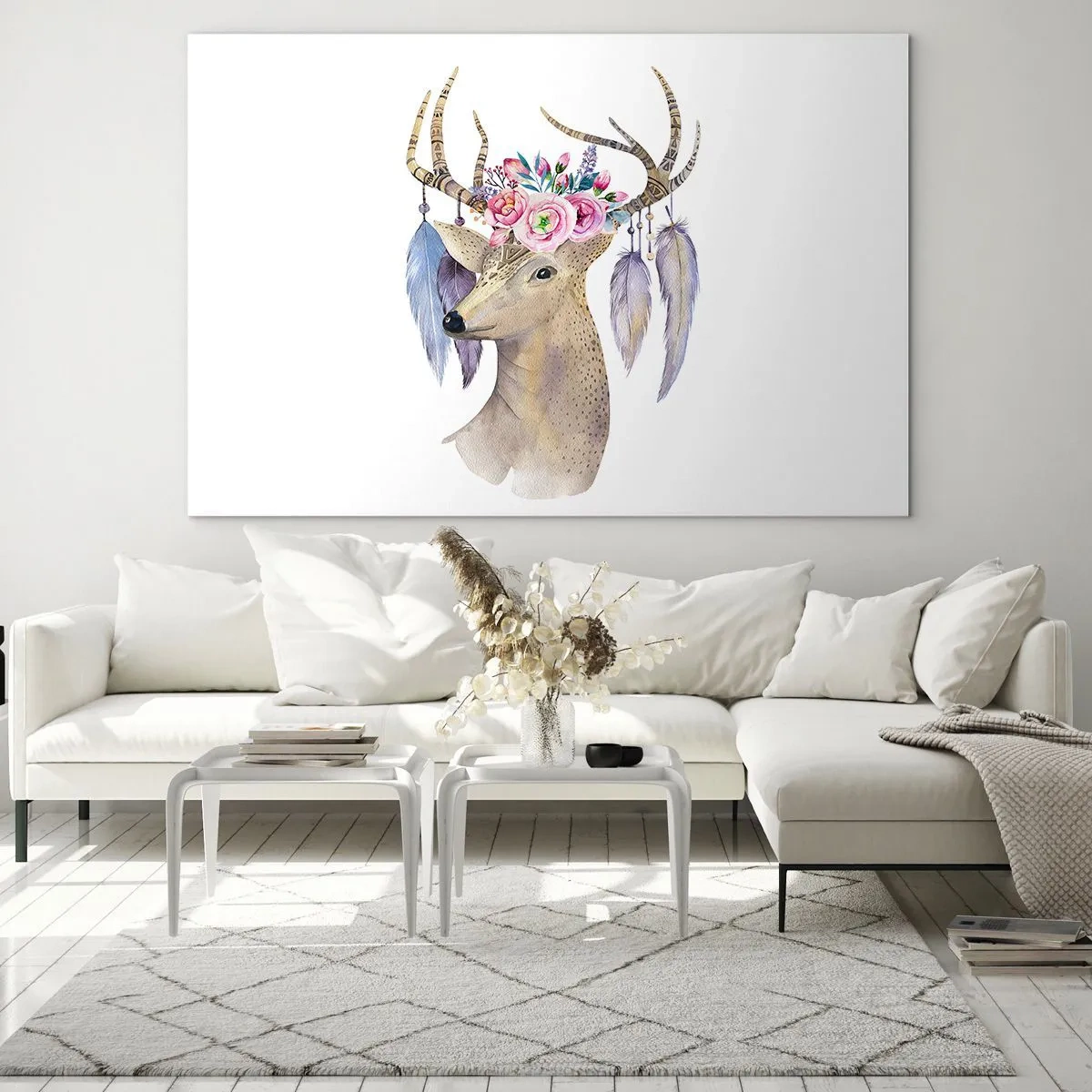 Impression sur verre - Image sur verre - Cerf avec une couronne de fleurs et des plumes - 70x50cm - Guide de l'âme - doux, innocent - Décoration murale moderne pour le salon et la chambre ARTTOR