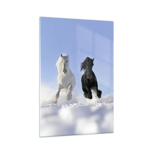 Impression sur verre - Image sur verre - Un cheval blanc et un cheval noir galopant dans la neige - 70x100cm - Galop noir et blanc - Décoration murale moderne pour le salon et la chambre ARTTOR