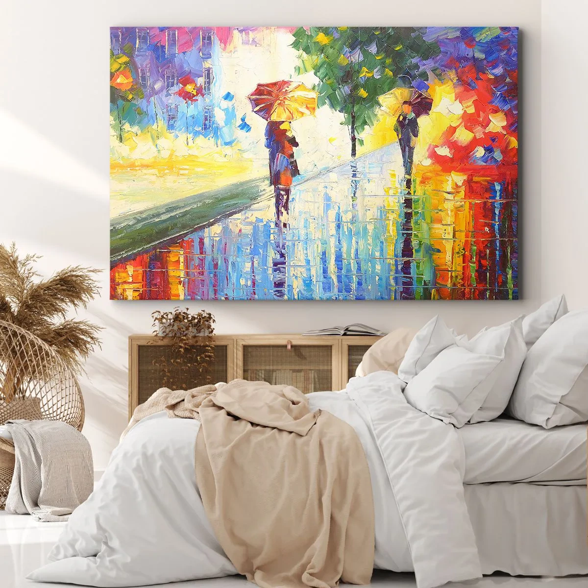 Impression sur toile - Image sur toile - Une promenade avec un parapluie dans un paysage pluvieux coloré - 100x70cm - Et tout est clair - Décoration murale moderne pour le salon et la chambre ARTTOR