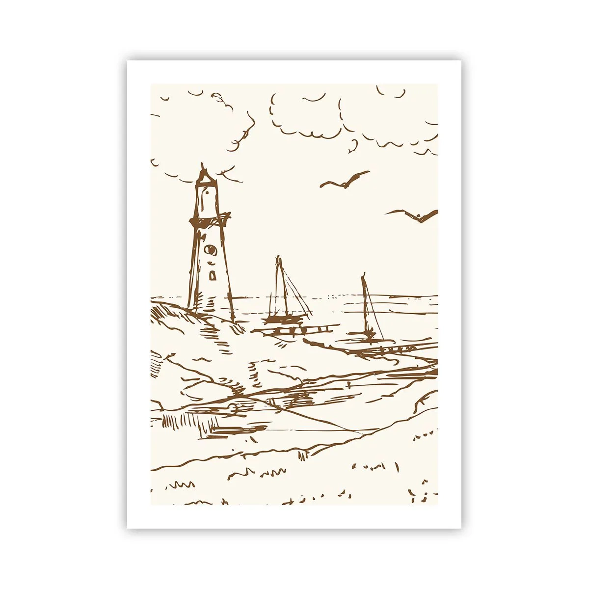 Affiche - Poster - Phare avec bateaux et oiseaux - 50x70cm - Esquisse de souvenirs d'été - Décoration murale moderne pour le salon et la chambre ARTTOR