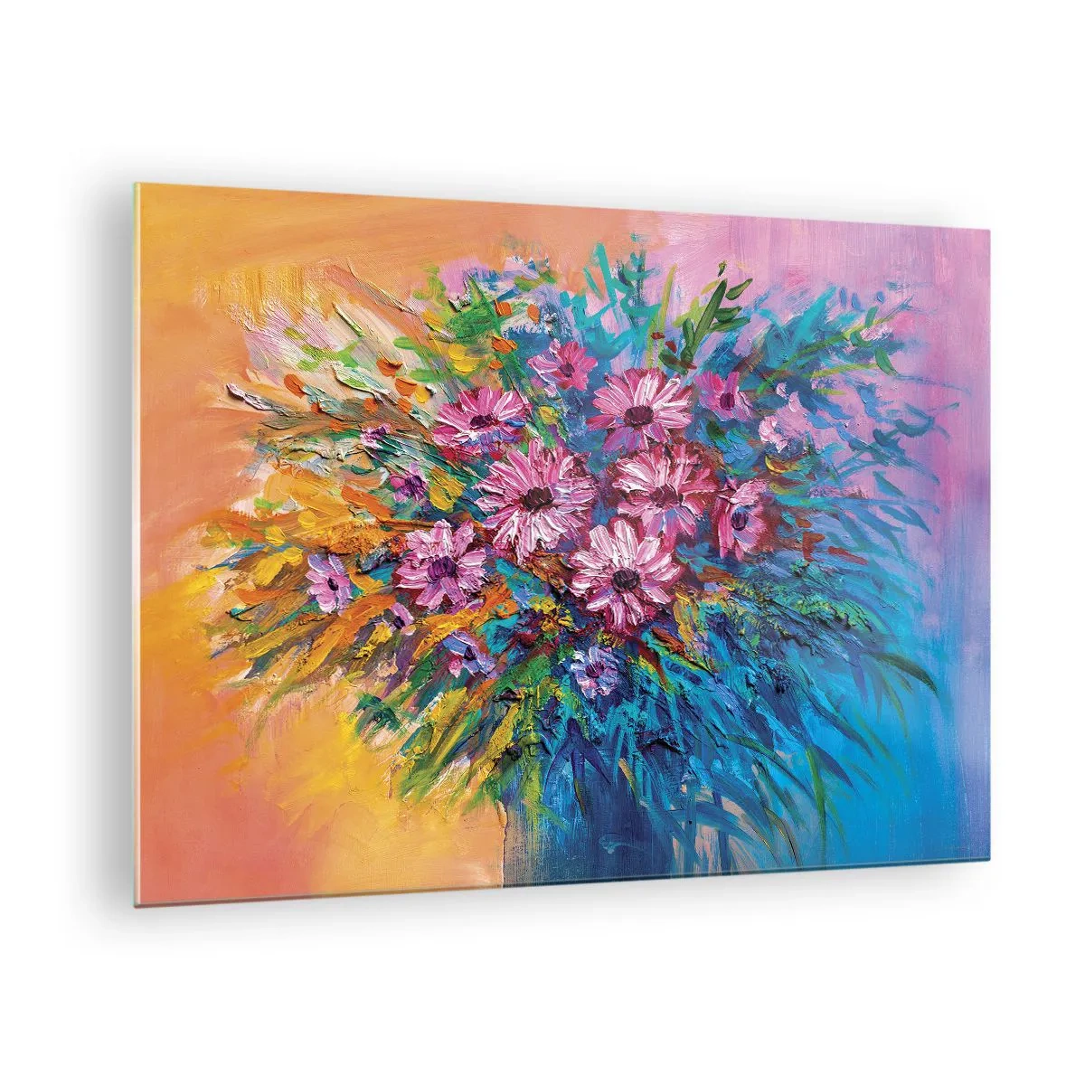 Impression sur verre - Image sur verre - Un bouquet de fleurs roses dans une composition artistique et colorée - 70x50cm - Énergie de la vie - Décoration murale moderne pour le salon et la chambre ARTTOR