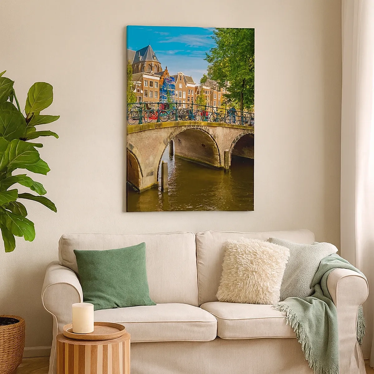 Impression sur toile - Image sur toile - Un canal pittoresque avec un pont à Amsterdam - 50x70cm - Le printemps sur le canal - Décoration murale moderne pour le salon et la chambre ARTTOR