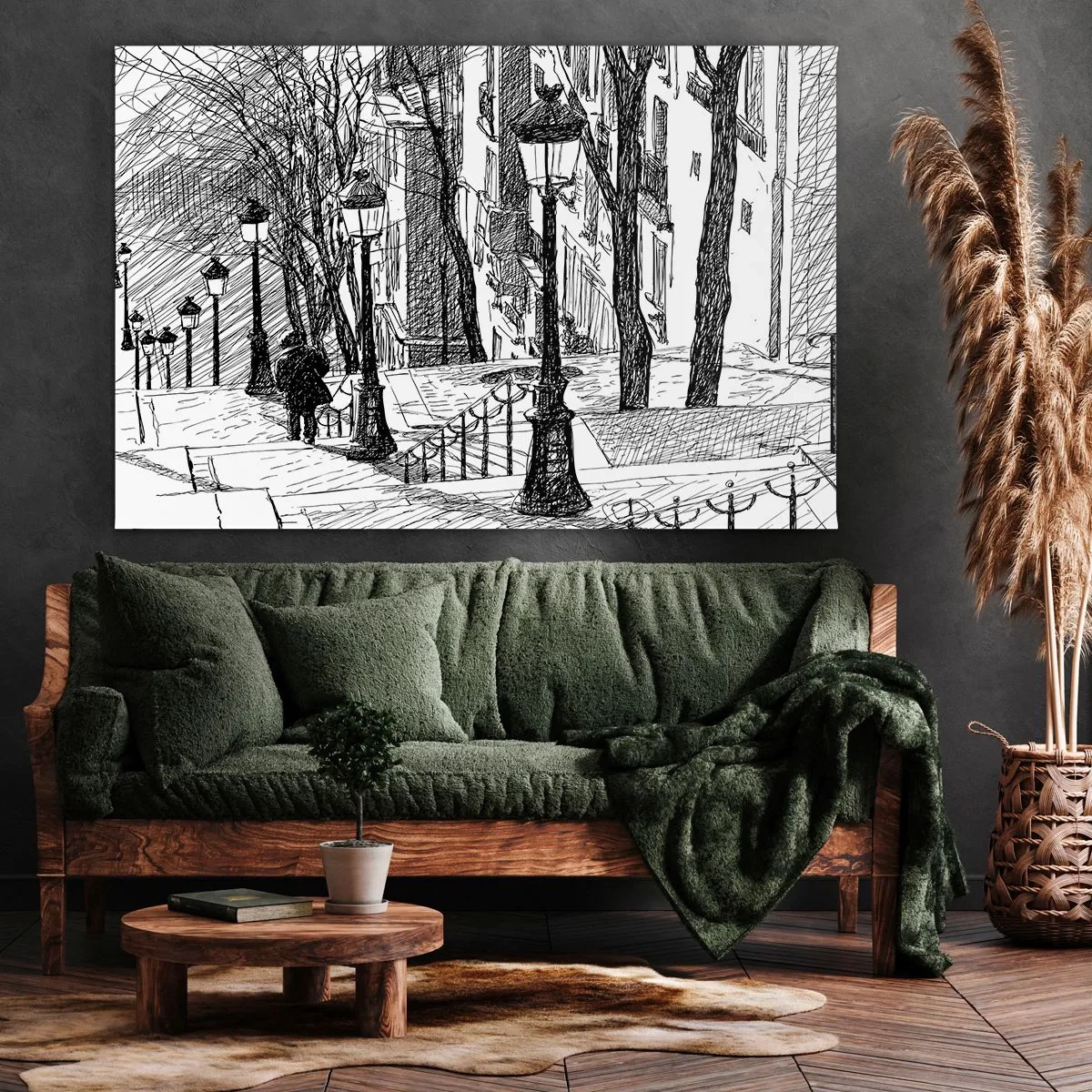 Impression sur toile - Image sur toile - Une rue avec des lampadaires et une silhouette humaine en technique d'esquisse - 120x80cm - Une histoire d'amour ou une histoire d'horreur ? - Décoration murale moderne pour le salon et la chambre ARTTOR