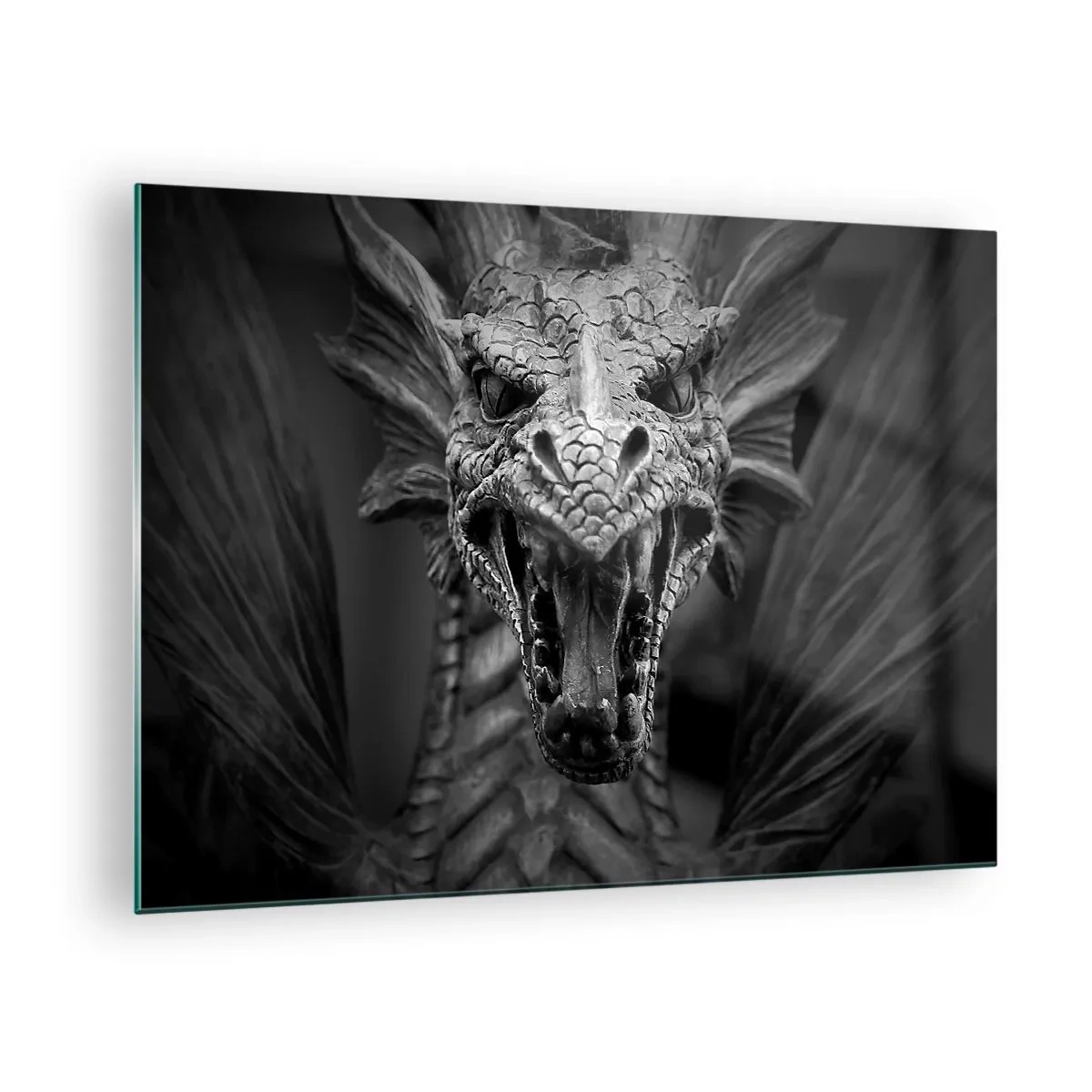 Impression sur verre - Image sur verre - Portrait détaillé d'un dragon en noir et blanc - 70x50cm - Un dragon imaginaire grisâtre - Décoration murale moderne pour le salon et la chambre ARTTOR