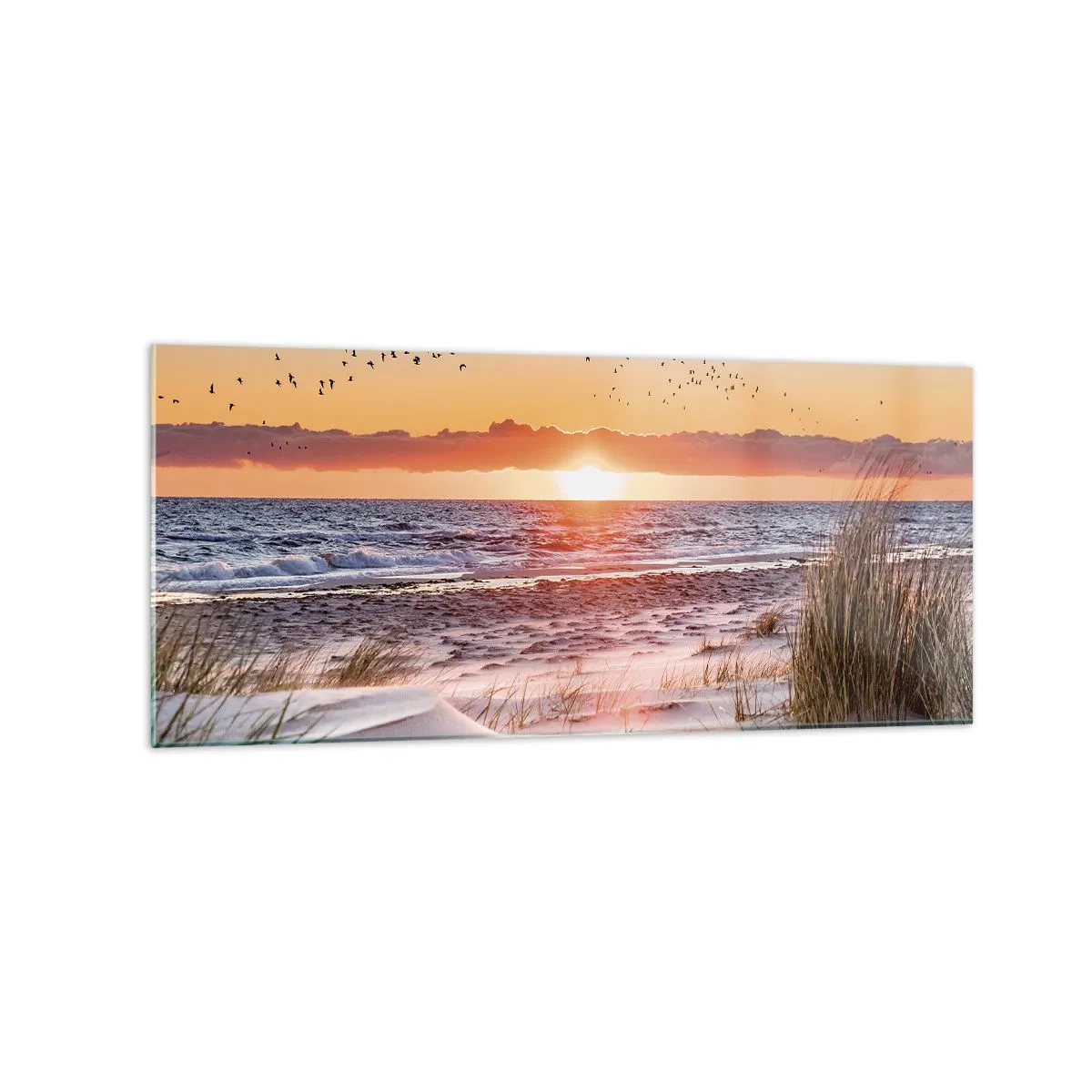 Impression sur verre - Image sur verre - Coucher de soleil sur la mer avec vue sur les dunes - 120x50cm - Paysage horizontal - Décoration murale moderne pour le salon et la chambre ARTTOR