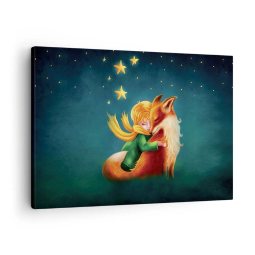 Impression sur toile - Image sur toile - Un garçon avec un renard dans un décor magique avec des étoiles - 70x50cm - Petit Prince - Décoration murale moderne pour le salon et la chambre ARTTOR