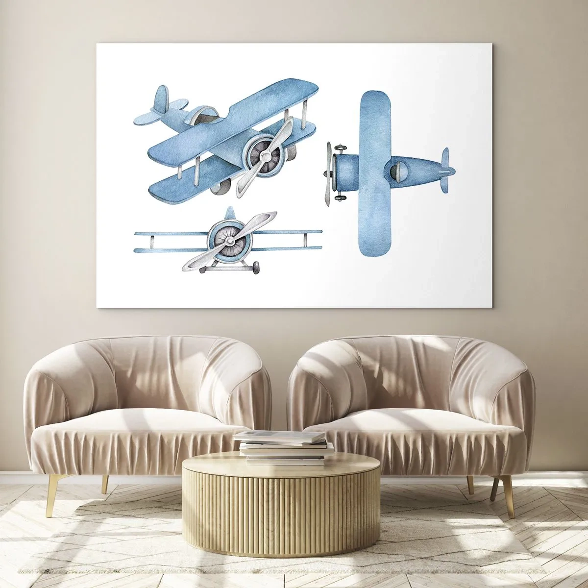 Impression sur verre - Image sur verre - Avions rétro bleus sur fond blanc pour enfants - 100x70cm - Un gagnant né - Décoration murale moderne pour le salon et la chambre ARTTOR