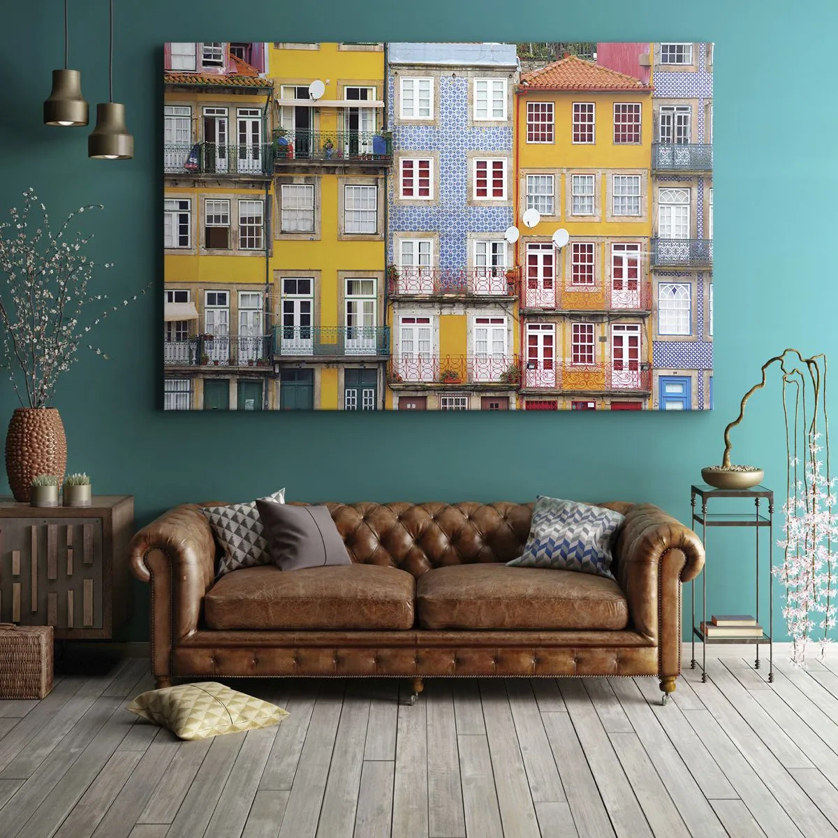 Impression sur toile - Image sur toile - Façades colorées d'immeubles d'habitation dans le paysage urbain - 120x80cm - Couleurs de vieille ville - Décoration murale moderne pour le salon et la chambre ARTTOR