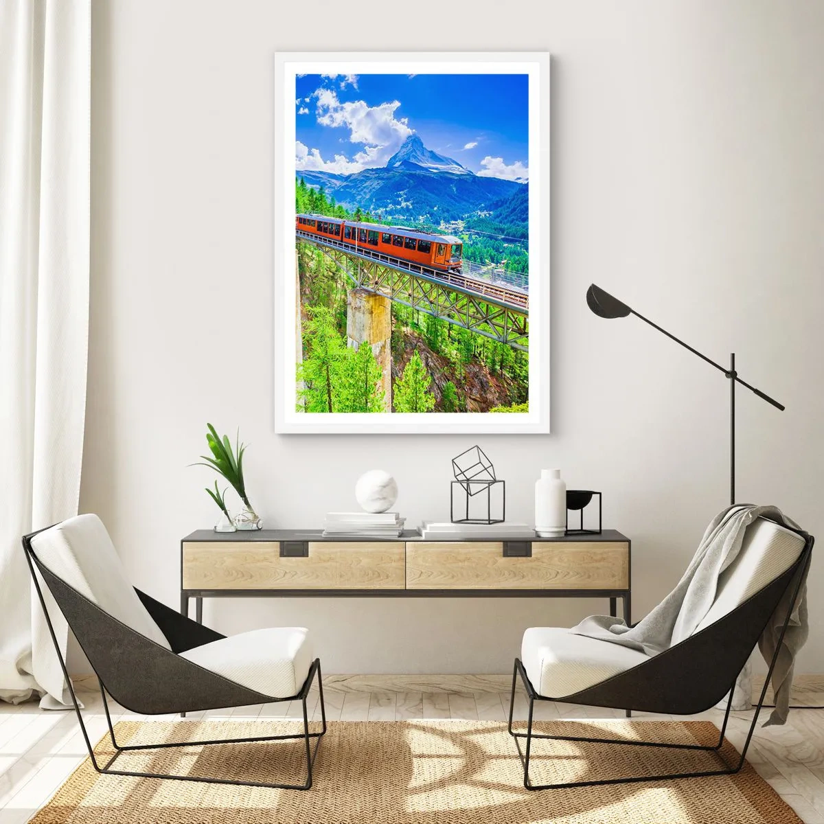 Affiche dans un cadre blanc - Poster - Train dans les Alpes - 40x50 cm