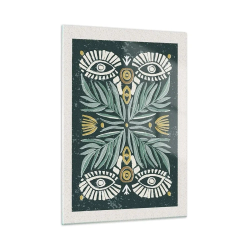 Impression sur verre - Image sur verre - Une composition symétrique de feuilles et de motifs dans un style folklorique - 50x70cm - Comme une découpe folklorique - Décoration murale moderne pour le salon et la chambre ARTTOR
