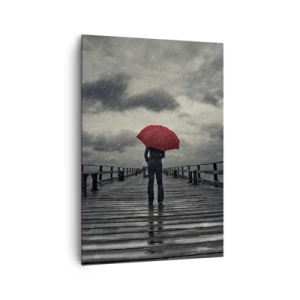 Impression sur toile - Image sur toile - Une personne avec un parapluie rouge sur une jetée pluvieuse - 70x100cm - Peu importe qu'il pleuve - Décoration murale moderne pour le salon et la chambre ARTTOR