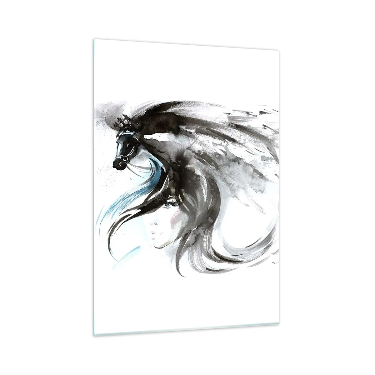 Impression sur verre - Image sur verre - Portrait d'une femme et d'un cheval dans une composition artistique et dynamique - 50x70cm - Galop du prince noir - Décoration murale moderne pour le salon et la chambre ARTTOR