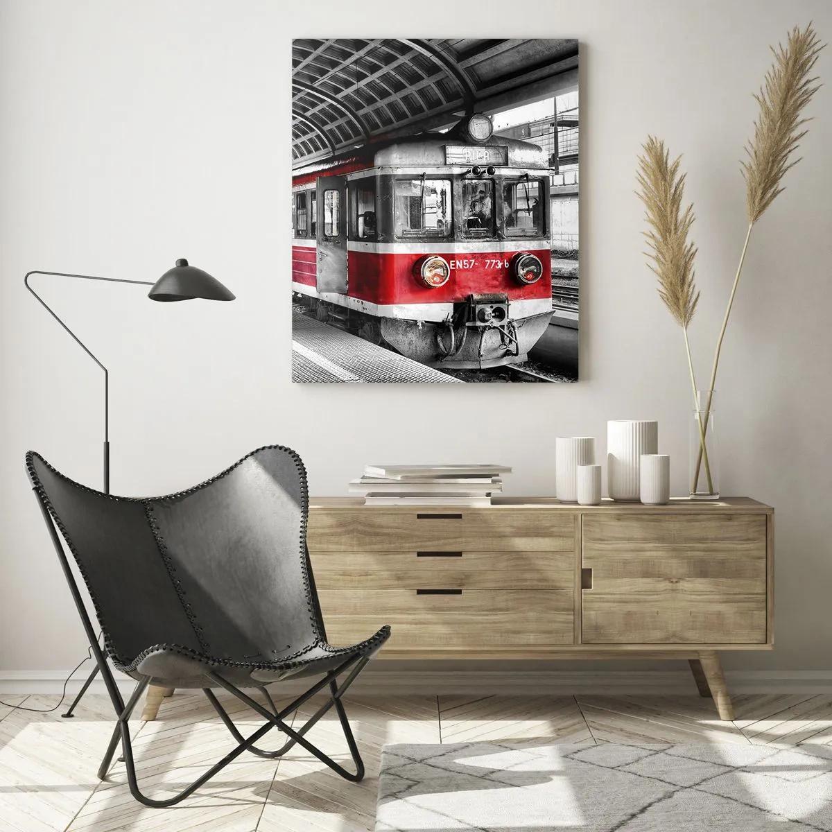 Impression sur verre - Image sur verre - Train rouge à la gare sous un toit - 80x120cm - C'est peut-être le voyage de votre vie ? - Décoration murale moderne pour le salon et la chambre ARTTOR