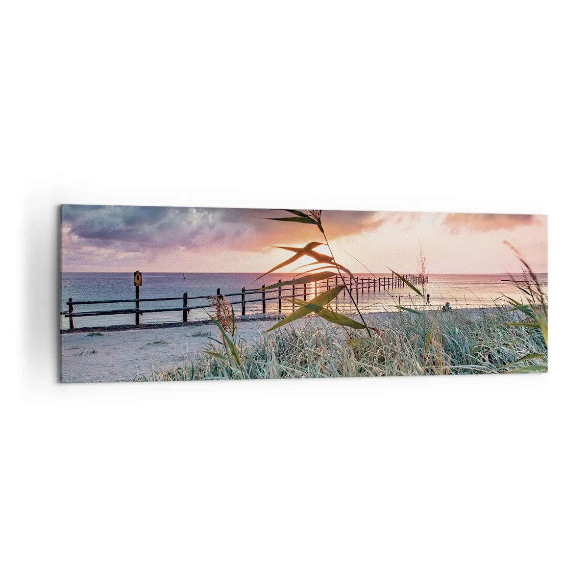 Impression sur toile - Image sur toile - Plage au coucher du soleil avec des herbes au premier plan - 160x50cm - Ça ne passe pas avec le vent - Décoration murale moderne pour le salon et la chambre ARTTOR