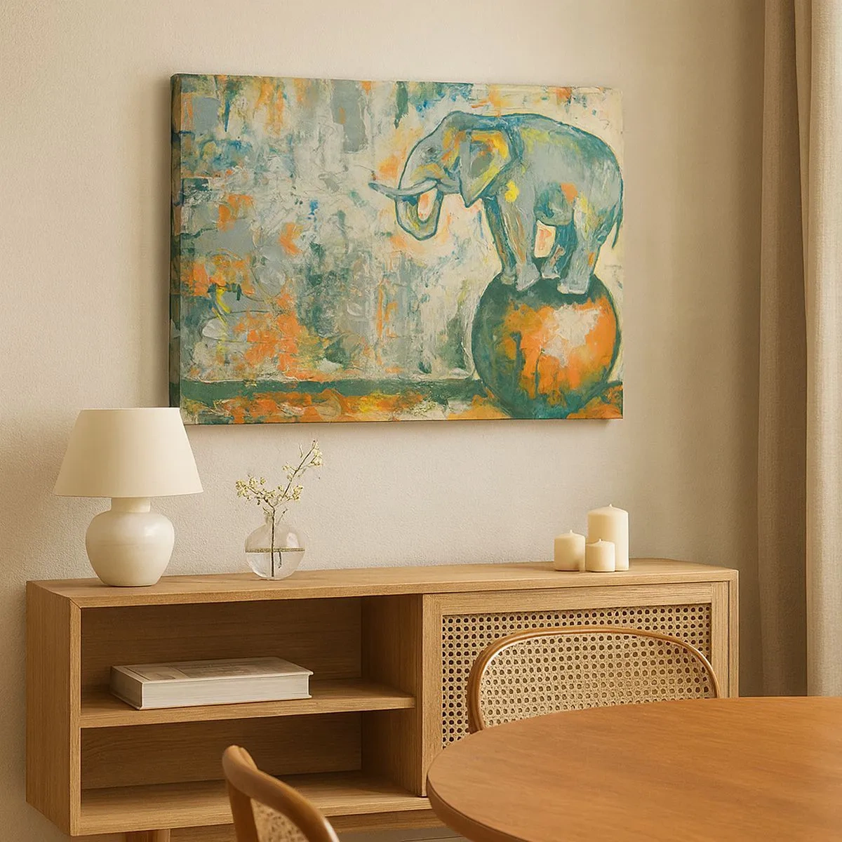 Impression sur toile - Image sur toile - Un éléphant en équilibre sur une balle dans un style artistique - 70x50cm - Que vive le cirque ! - Décoration murale moderne pour le salon et la chambre ARTTOR