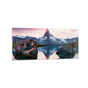 Impression sur verre - Image sur verre - Un sommet de montagne se reflétant dans un lac au coucher du soleil - 120x50cm - Le coeur des montagnes est chaud - Décoration murale moderne pour le salon et la chambre ARTTOR